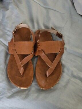 Women's Brown Leather Strappy Sandals - Casual Summer Footwear Size 6.5
